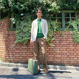 Men's Brown Leather Desert Boots, Khaki Dress Pants, Green Polo, White Linen Blazer