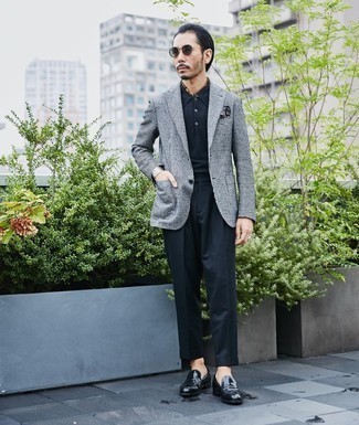 Grey Houndstooth Wool Blazer Outfits For Men: 