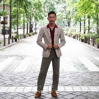 Brown Vertical Striped Blazer Outfits For Men: 