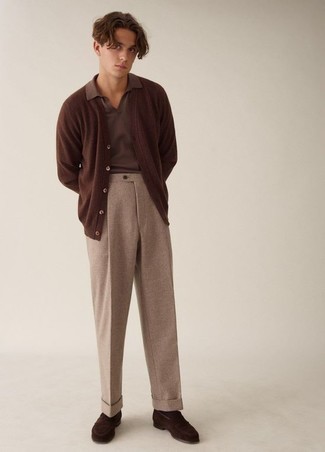 Men's Dark Brown Suede Loafers, Khaki Wool Dress Pants, Brown Polo, Dark Brown Cardigan
