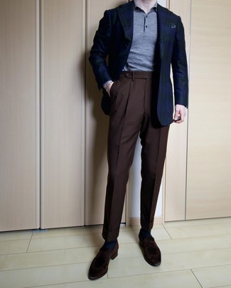 Men's Dark Brown Suede Loafers, Dark Brown Dress Pants, Light Blue Polo Neck Sweater, Navy and Green Plaid Blazer