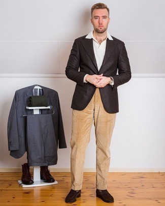 Khaki Corduroy Dress Pants Outfits For Men: 