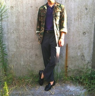 Charcoal Dress Pants with Olive Shirt Jacket Outfits For Men: 