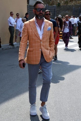 Orange Check Blazer Outfits For Men: 