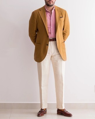 Men's Dark Brown Leather Loafers, Beige Dress Pants, Hot Pink Short Sleeve Shirt, Tobacco Blazer