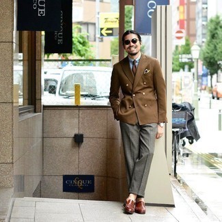 Brown Loafers with Double Breasted Blazer Outfits For Men: 
