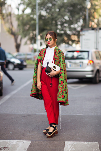 Women's Black Suede Wedge Sandals, Red Dress Pants, White Sleeveless Button Down Shirt, Green Floral Coat