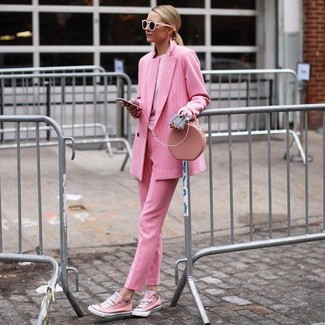 Women's Pink Canvas Low Top Sneakers, Pink Dress Pants, Pink Sweatshirt, Pink Double Breasted Blazer