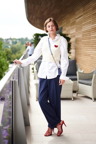 Navy Vertical Striped Dress Pants Outfits For Women: 