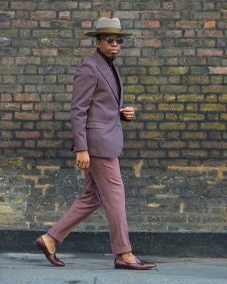 Men's Brown Leather Tassel Loafers, Pink Dress Pants, Burgundy Turtleneck, Violet Blazer
