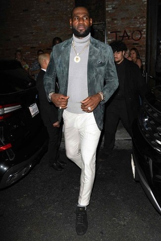 Lebron James wearing Black Suede Low Top Sneakers, White Dress Pants, Grey Turtleneck, Grey Suede Blazer