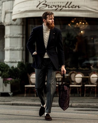 Beige Knit Turtleneck Dressy Outfits For Men: 