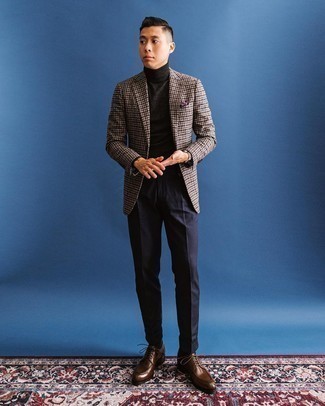 Brown Gingham Wool Blazer Outfits For Men: 