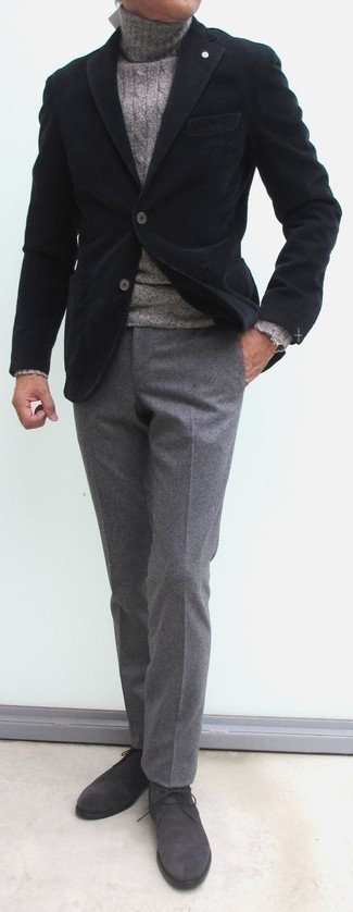 Men's Charcoal Suede Desert Boots, Grey Wool Dress Pants, Grey Knit Wool Turtleneck, Black Corduroy Blazer