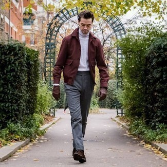 Burgundy Bomber Jacket Fall Outfits For Men: 