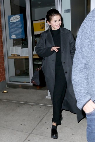 Selena Gomez wearing Black Leather Platform Loafers, Black Fringe Dress Pants, Black Turtleneck, Charcoal Coat