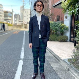 Men's Burgundy Leather Derby Shoes, Navy and Green Plaid Dress Pants, White Turtleneck, Navy Double Breasted Blazer