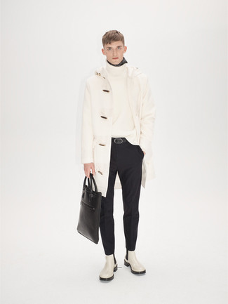 Men's White Leather Chelsea Boots, Black Dress Pants, White Knit Wool Turtleneck, White Duffle Coat
