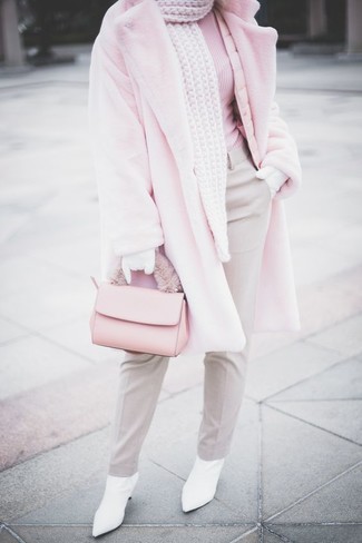 Women's White Leather Ankle Boots, Grey Dress Pants, Pink Turtleneck, Pink Fur Coat