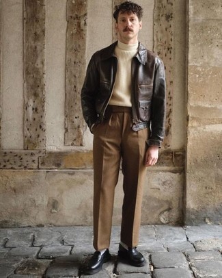 Beige Knit Wool Turtleneck Outfits For Men: 