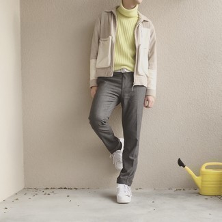 Men's White Leather Low Top Sneakers, Grey Dress Pants, Yellow Turtleneck, Beige Harrington Jacket