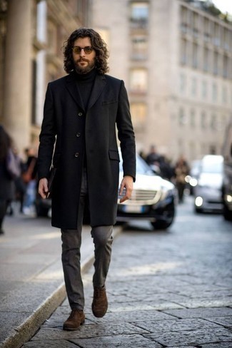 Men's Brown Suede Oxford Shoes, Charcoal Dress Pants, Black Turtleneck, Black Overcoat