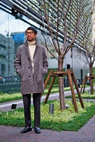 Dark Brown Check Overcoat Outfits: 