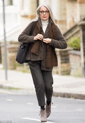 Diane Keaton wearing Brown Suede Ankle Boots, Dark Brown Wool Dress Pants, White Turtleneck, Dark Brown Shawl Cardigan
