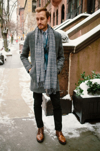 Charcoal Plaid Scarf Outfits For Men: 