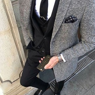 Men's Black Leather Tassel Loafers, White Dress Shirt, Grey Tweed Blazer, Black Three Piece Suit