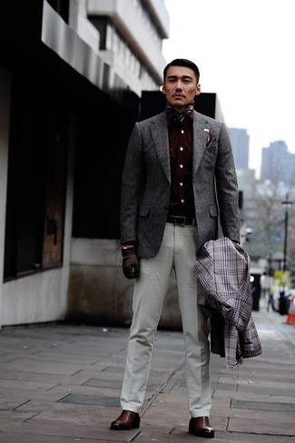 Grey Plaid Trenchcoat Outfits For Men: 