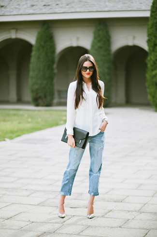 White Silk Dress Shirt Outfits For Women: If you enjoy the comfort look, consider pairing a white silk dress shirt with light blue ripped boyfriend jeans. Grey snake leather pumps will infuse an extra touch of style into an otherwise mostly dressed-down look.