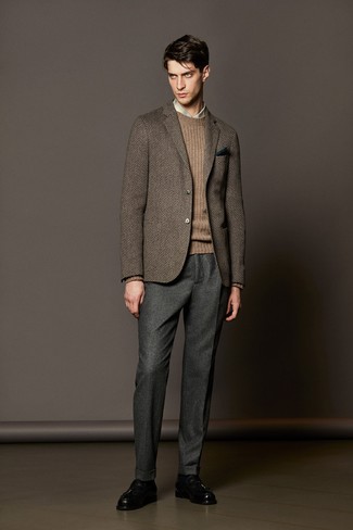 Brown Herringbone Wool Blazer Outfits For Men: 