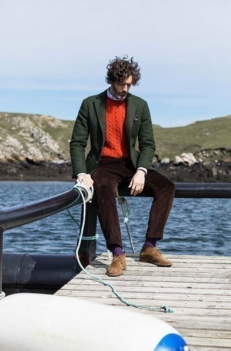 Orange Cable Sweater Outfits For Men: 