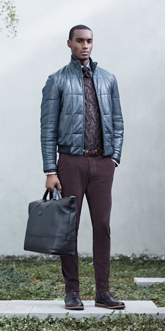 Blue Leather Bomber Jacket Outfits For Men: 