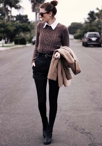 Women's Black Shorts, White Dress Shirt, Brown Cable Sweater, Camel Coat