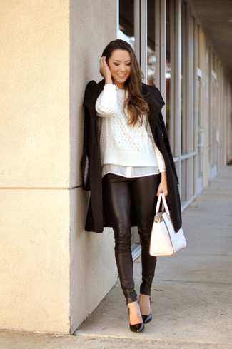 White Dress Shirt with Black Leather Leggings Outfits: 