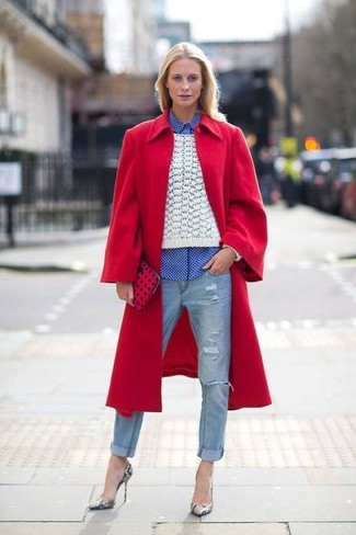 Women's Light Blue Ripped Jeans, White and Blue Gingham Dress Shirt, White Cable Sweater, Red Coat