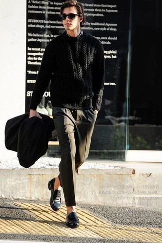 Men's Olive Dress Pants, Navy and White Vertical Striped Dress Shirt, Black Cable Sweater, Black Raincoat