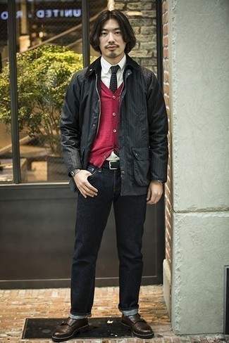 Red Cardigan with Navy Jeans Outfits For Men: 