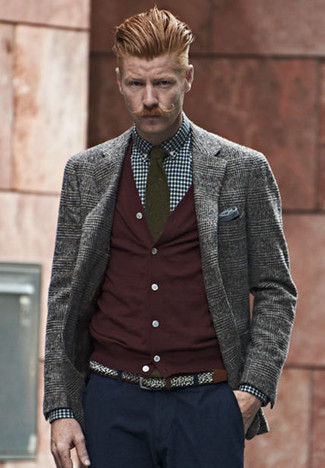Charcoal Plaid Wool Blazer Outfits For Men: 