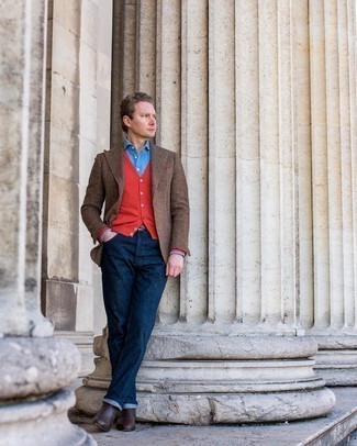 Red Cardigan with Navy Jeans Outfits For Men: 