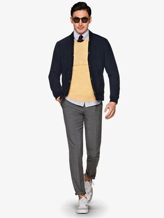 Men's Grey Chinos, White and Navy Vertical Striped Dress Shirt, Navy Cardigan, Yellow Crew-neck Sweater