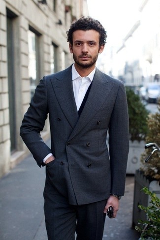Charcoal Double Breasted Blazer Outfits For Men: 