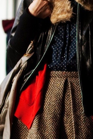 Brown Herringbone Wool Skater Skirt Outfits: 