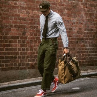 Men's Light Blue Chambray Dress Shirt, Olive Cargo Pants, Red and White Canvas High Top Sneakers, Tan Print Canvas Tote Bag