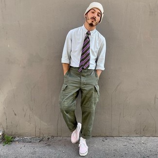 Men's White Dress Shirt, Olive Cargo Pants, Pink Canvas Low Top Sneakers, White Beanie