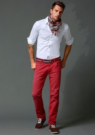 Men's White Dress Shirt, Red Chinos, Dark Brown Suede Boat Shoes, White and Red and Navy Horizontal Striped Canvas Belt