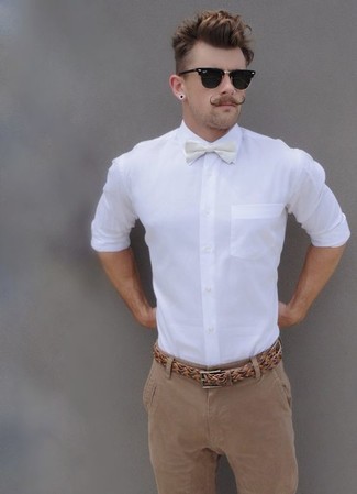 Men's White Dress Shirt, Khaki Chinos, White Bow-tie, Tan Woven Leather Belt