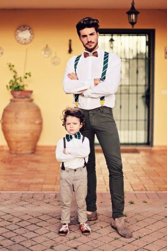 Dark Green Vertical Striped Suspenders Outfits: Flaunt your credentials in menswear styling by opting for this urban combo of a white dress shirt and dark green vertical striped suspenders. And if you need to immediately polish up your ensemble with a pair of shoes, grab a pair of grey suede loafers.